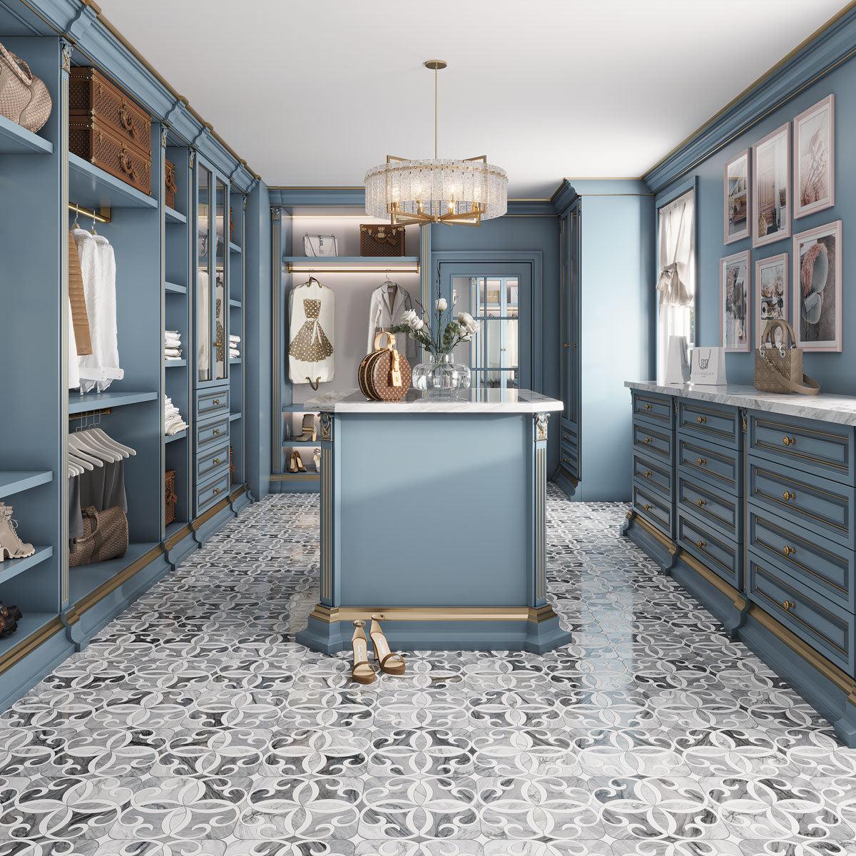 Walk-in Closet wiht marble mosaic floor tile