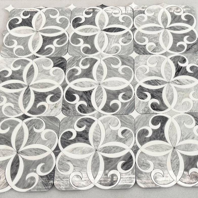 Scroll Calacatta Bluette and Thassos Marble Mosaic Tile
