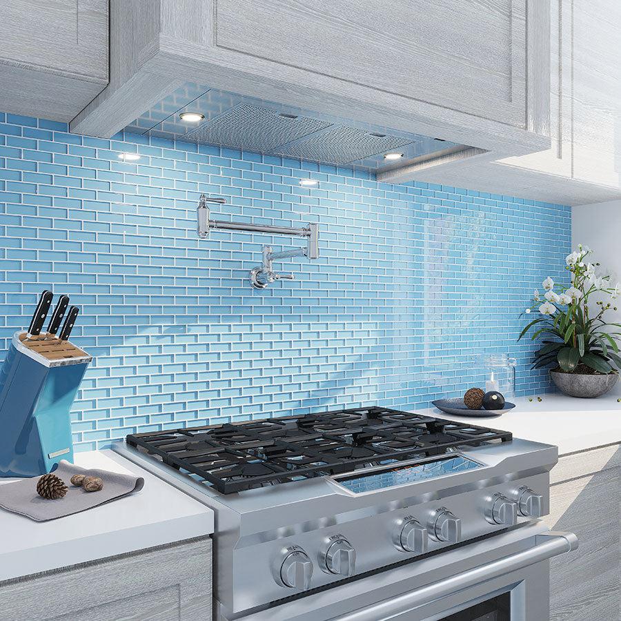 Kitchen Backsplash with Sea Blue Glass Brick Tile