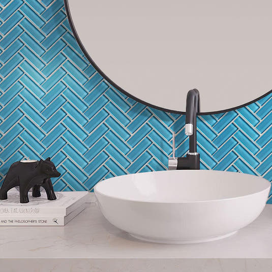 Sea Blue Herringbone Glass Tile