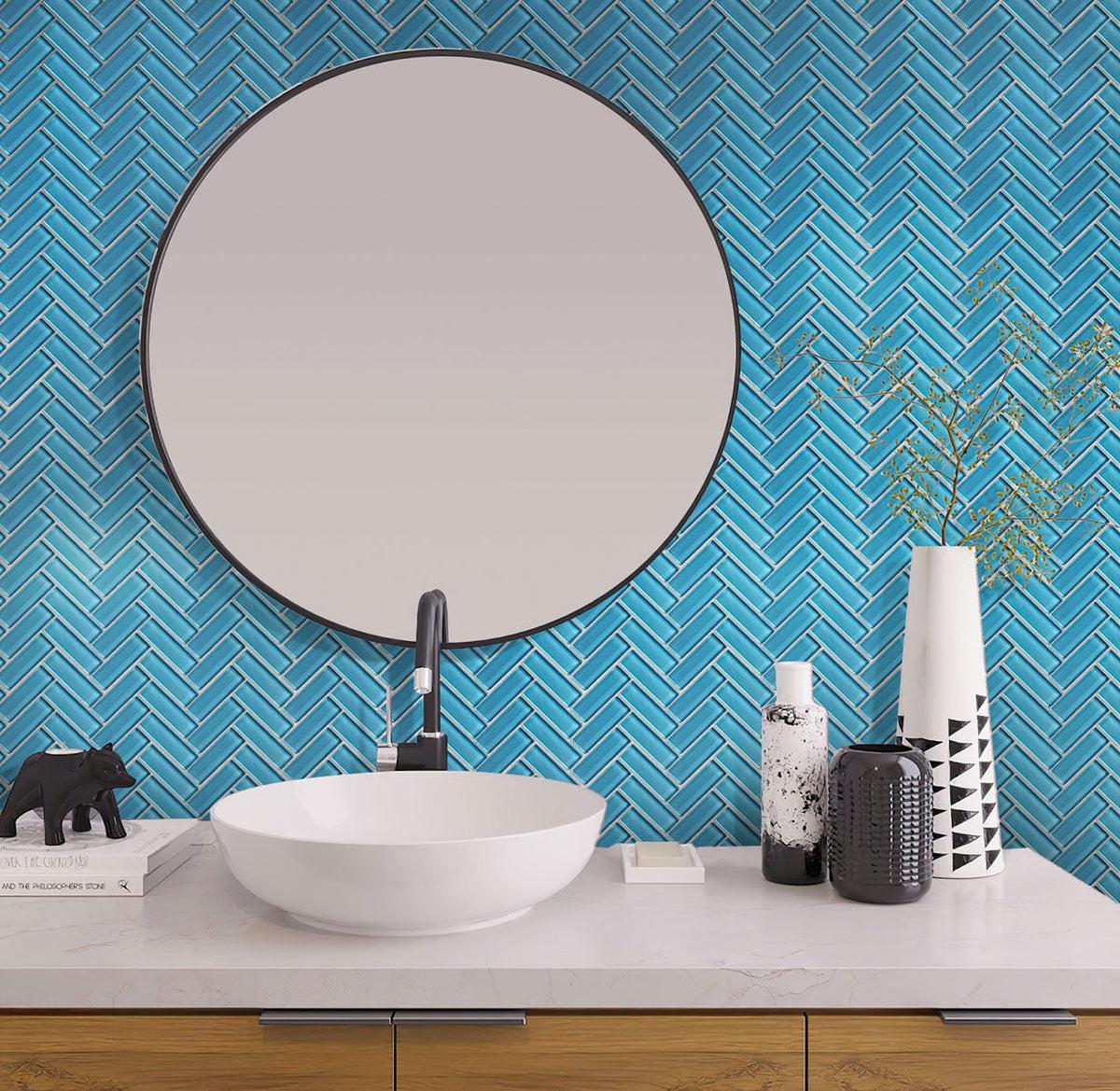 Light bathroom with Sea Blue Herringbone Glass Tile backsplash
