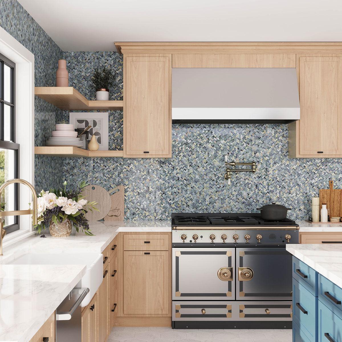 Sea Hues Herringbone Glass Mosaic Tile | Tile Club