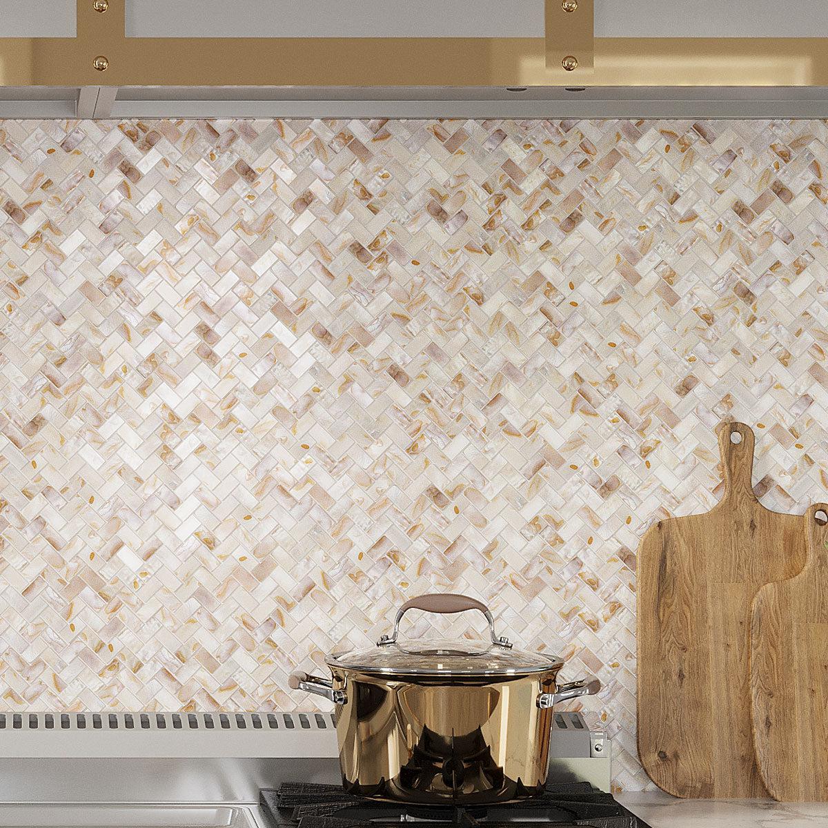 Seashell Dreams Herringbone Mosaic Tile Kitchen Backsplash