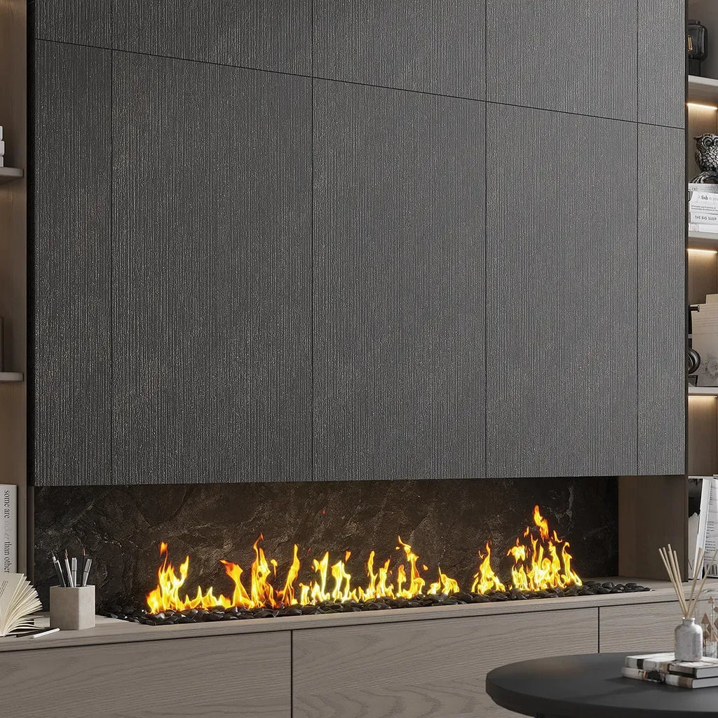 Sedara Black Striation Stone Look Porcelain Tile 24x48 Fireplace Surround