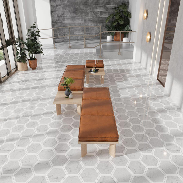 Selo Grand Hexagon Carrara And Thassos Marble Mosaic | Tile Club