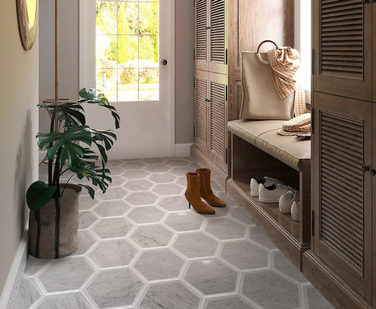 Selo Grand Hexagon Carrara And Thassos Marble Mosaic entryway floor