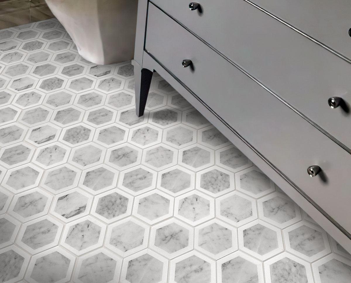 Patterned hexagon tile floor in gray and white