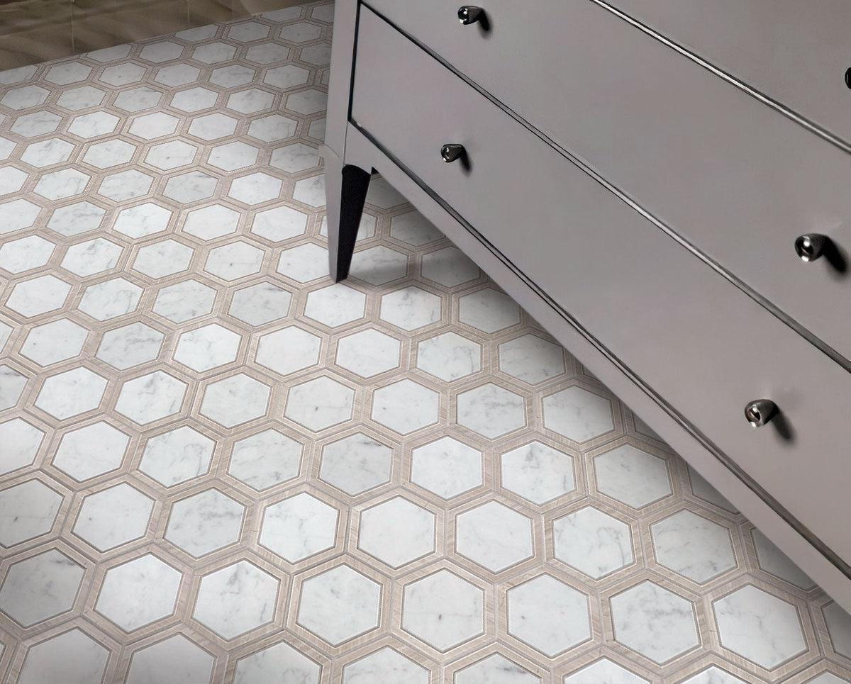 Marble and wood look hexagon floor tile