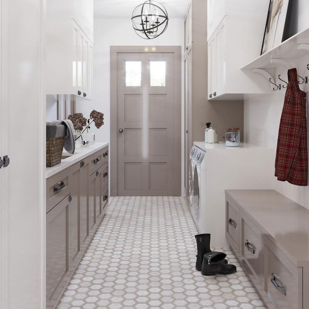 Mudroom Entryway Floor with Selo Hexagon Carrara Marble Mosaic Tile in Carrara and Wooden Beige