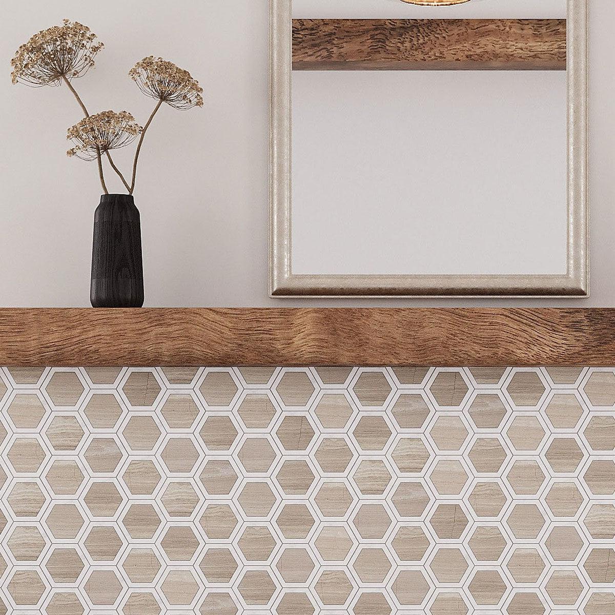 Selo Hex Wooden Beige Marble Mosaic Tile | Beige and White