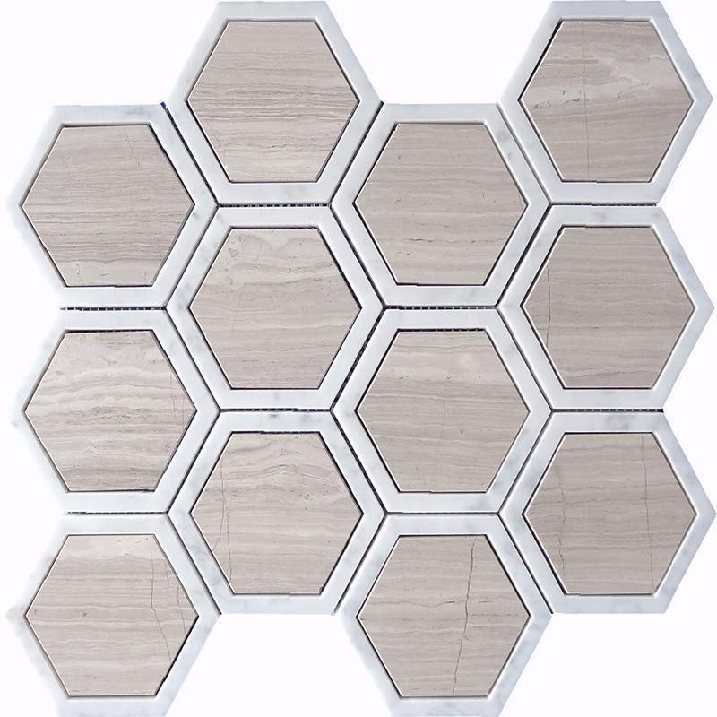 Selo Hex Wooden Beige Marble Mosaic Tile with Two Tone Carrara Trim