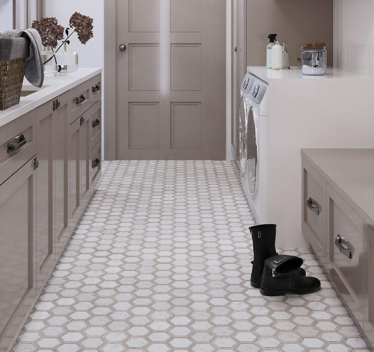 Two Tone marble hexagon mudroom floor