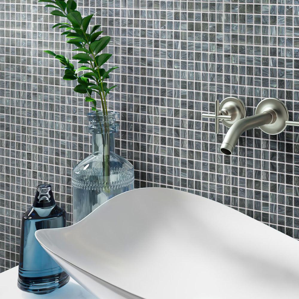 Shaded Blue & Grey Mixed Squares Glass Pool Tile | Tile Club