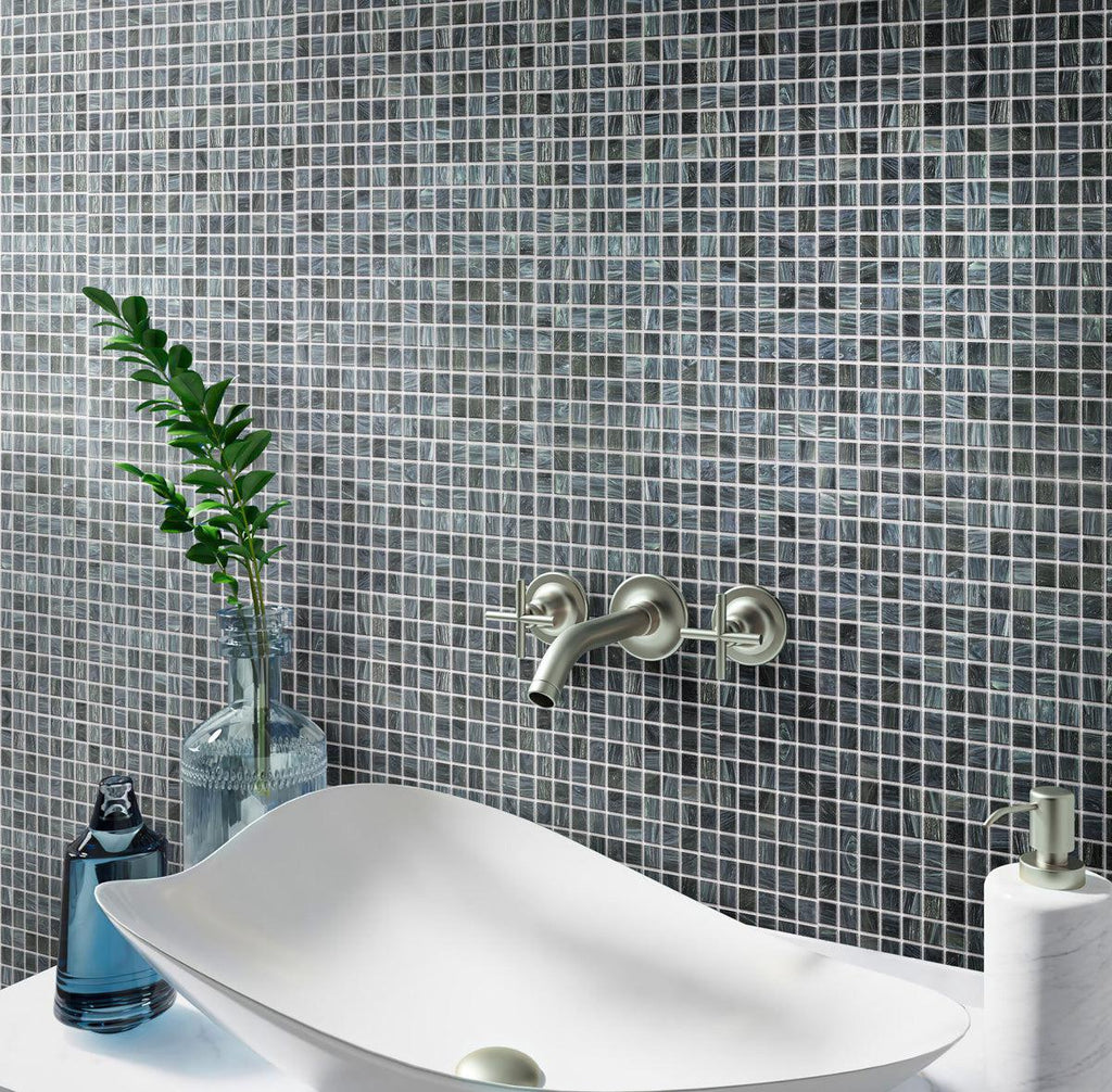 Shaded Blue & Grey Mixed Squares Glass Pool Tile bathroom backsplash