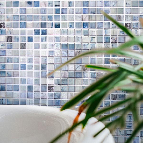 Sheer Azul Blue Mixed Squares Glass Tile Batroom Wall with Bathtub and Ornamental Plant