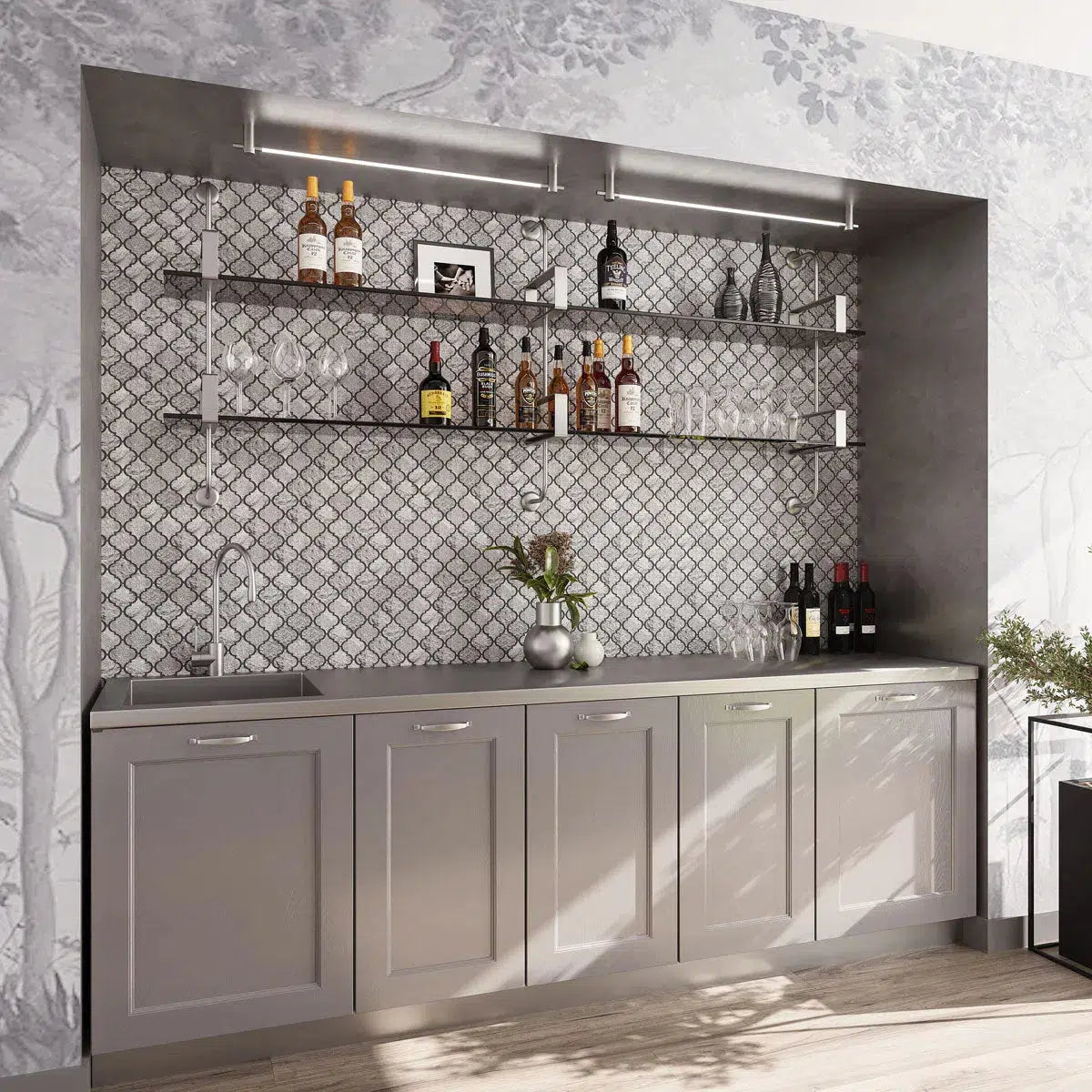 Built-in Wet Bar with Silver Arabesque Mosaic Backsplash Tile