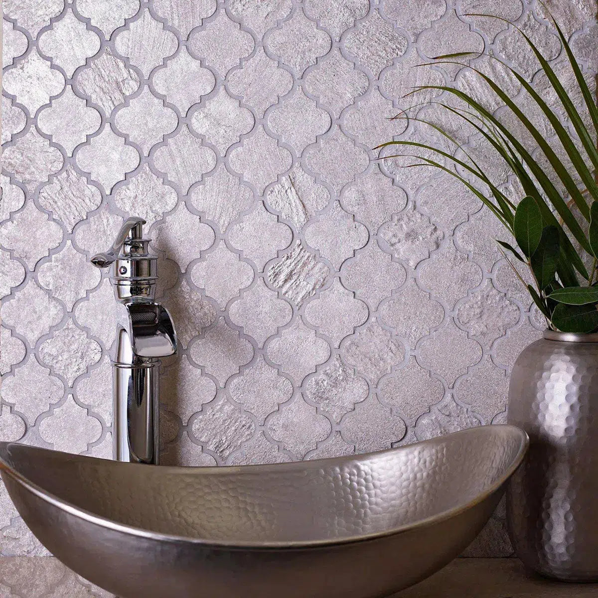 Silver Arabesque Mosaic Tile with Resin Details