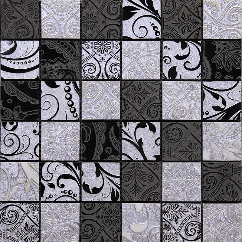 Silver Black Etched Square Marble Mosaic Tile Sample