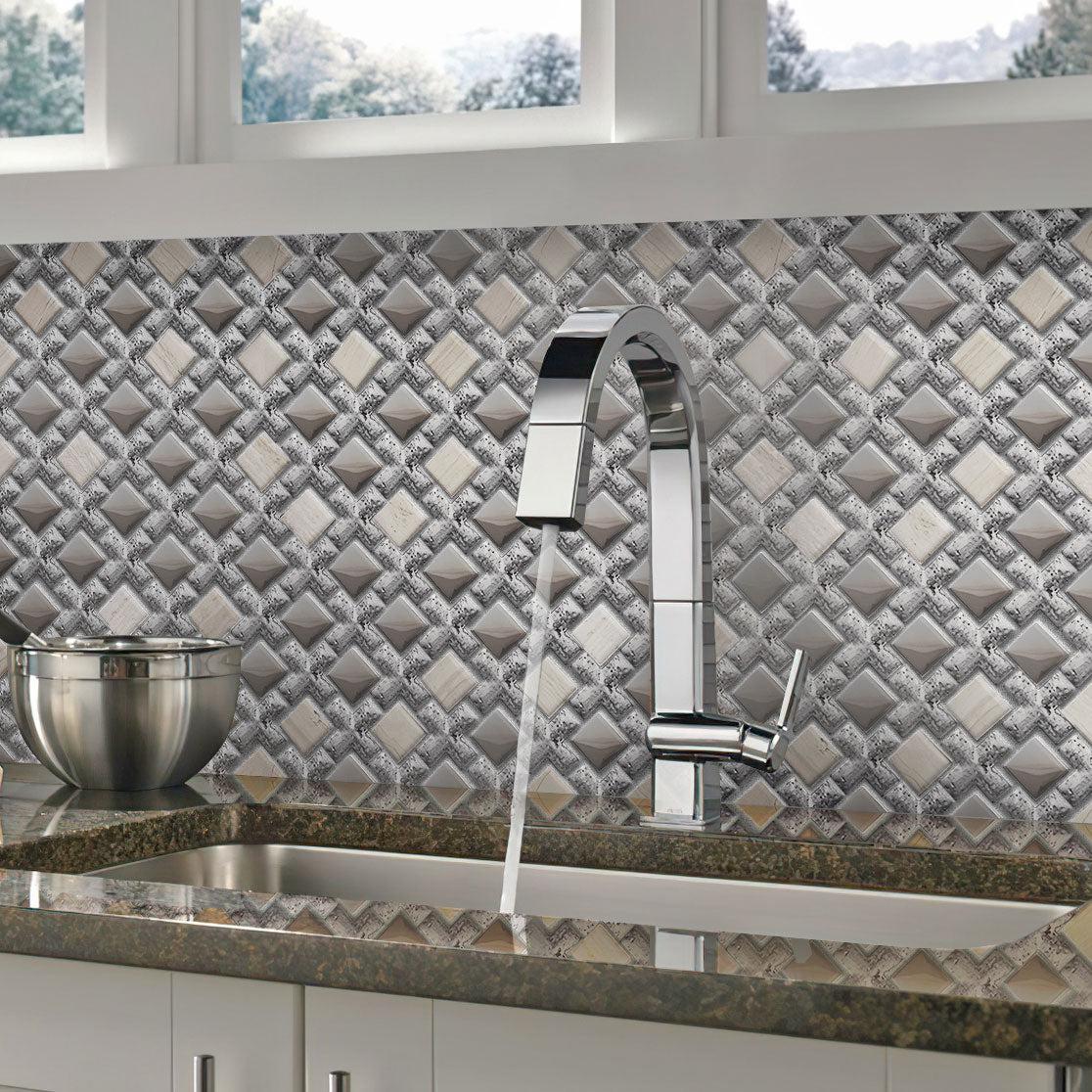 Stone and glass tile kitchen sink backsplash 