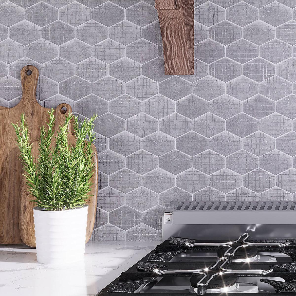 Kitchen Wall With Silver Etched White Elongated Hexagon Mosaic