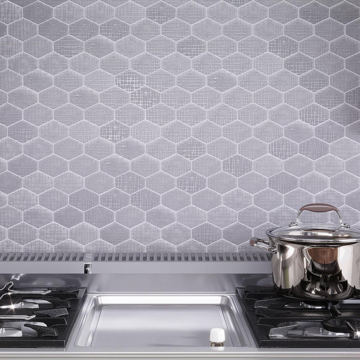 Silver Etched White Elongated Hexagon Mosaic Tile Kitchen Wall