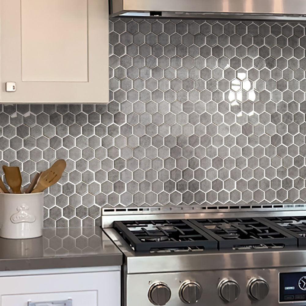 Silver Fabric Glass Hexagon Mosaic kitchen wall tile