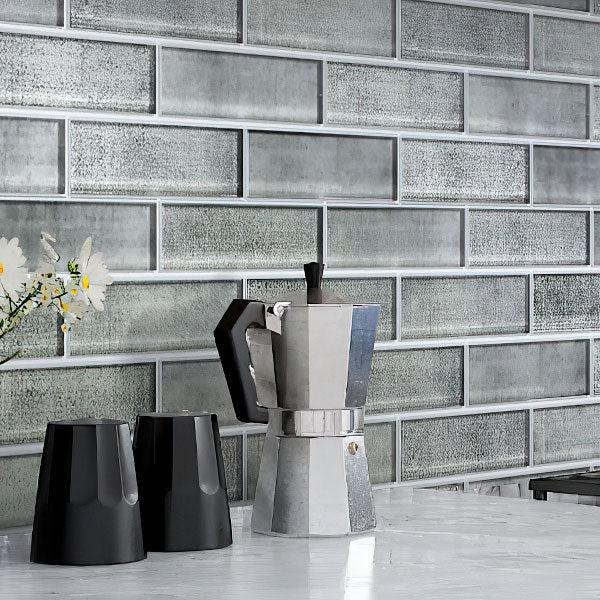 Wall with Silver Fabric Glass Subway Mosaic Tile