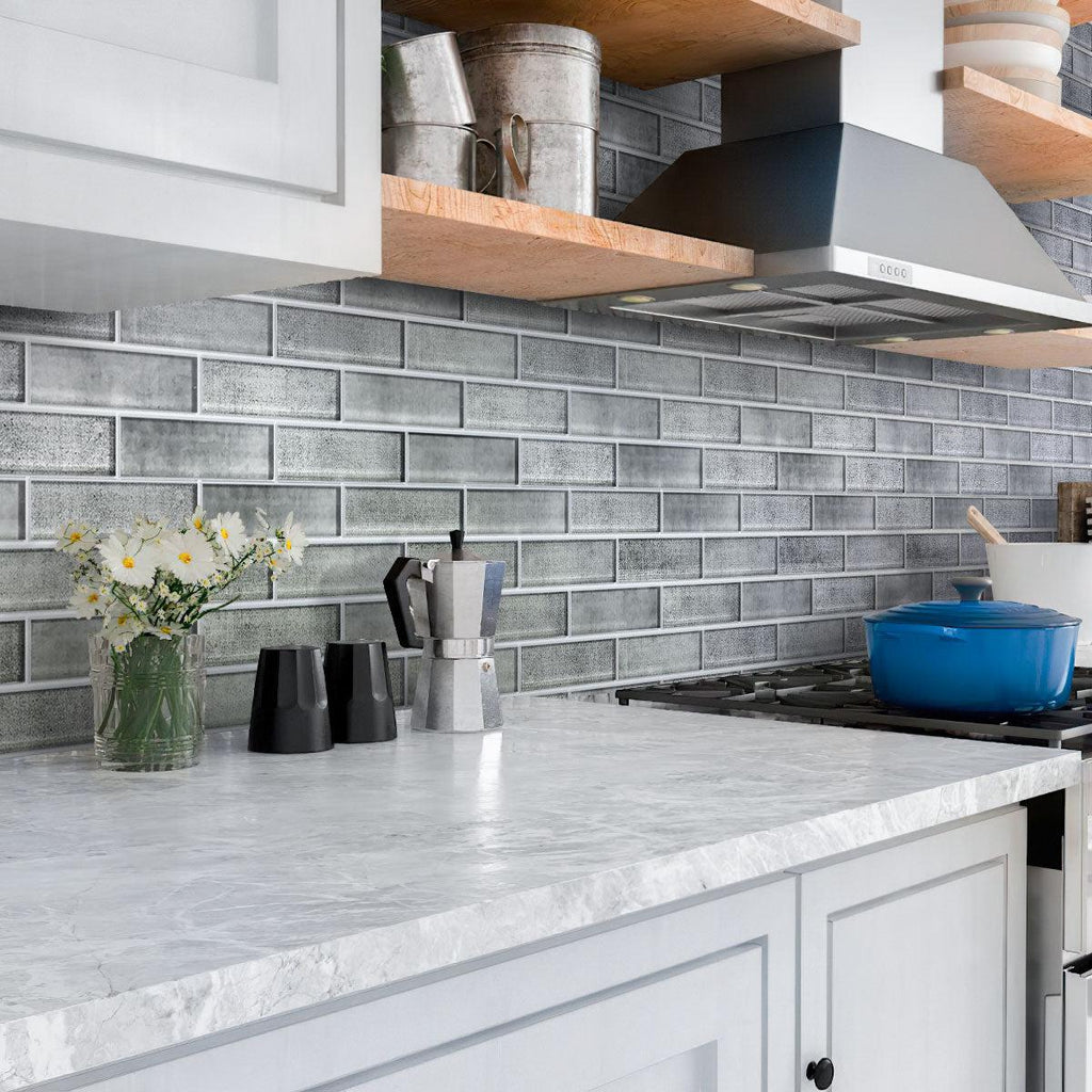 Silver Fabric Glass Subway Mosaic Tile Kitchen Backsplash
