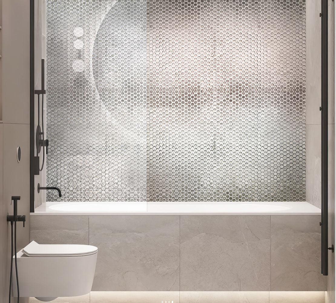White Bathroom with Silver Glass Penny Round Mosaic Tile backsplash
