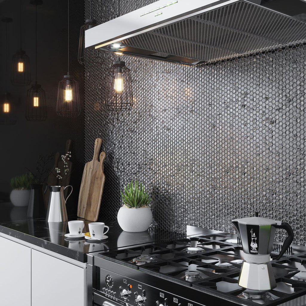 Modern Kitchen with Silver Glass Penny Round Mosaic Tile and Brushed Metal Appliances