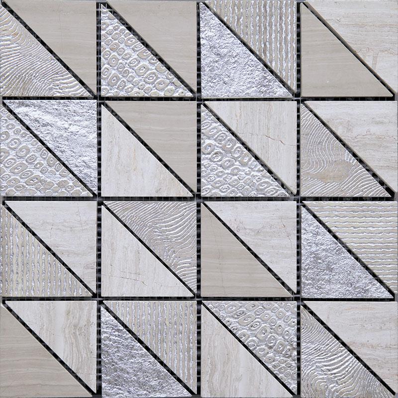 Silver Grey Triangles Wooden Beige Marble Mosaic Tile 