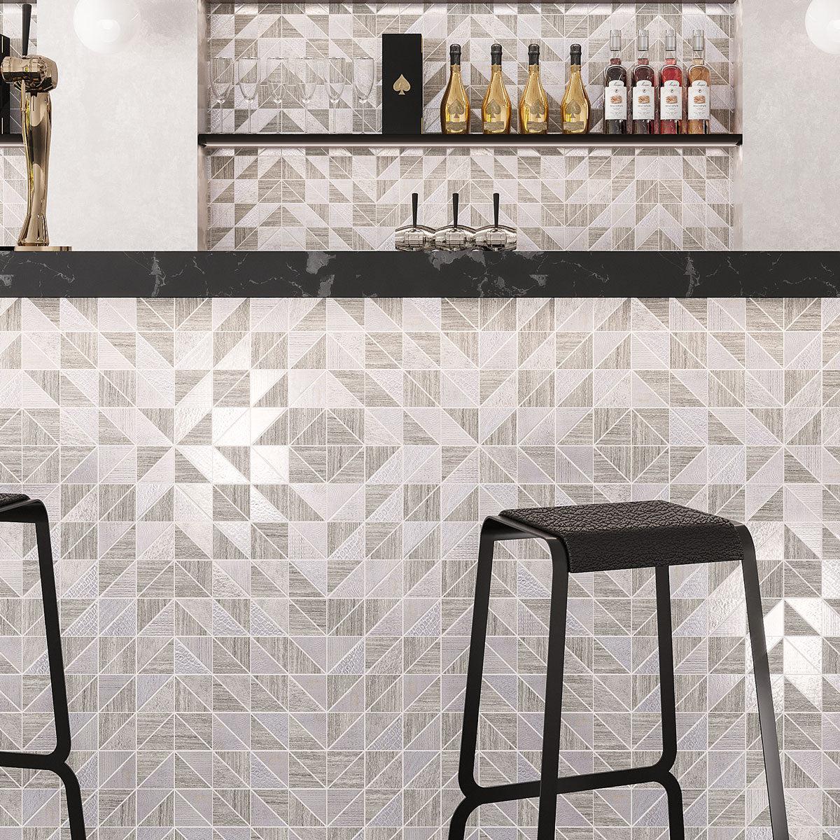 Unique geometric tile with marble and metallic textures for a wine bar