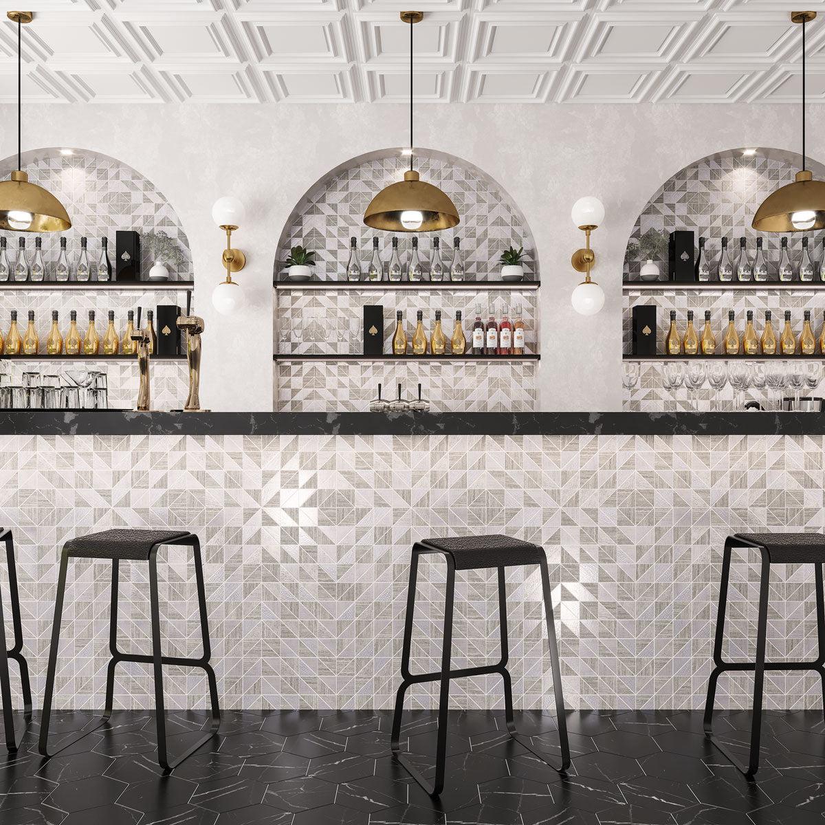 Commercial Bar Design for a luxury hotel with Silver Grey Triangles Wooden Beige Marble Mosaic Tile