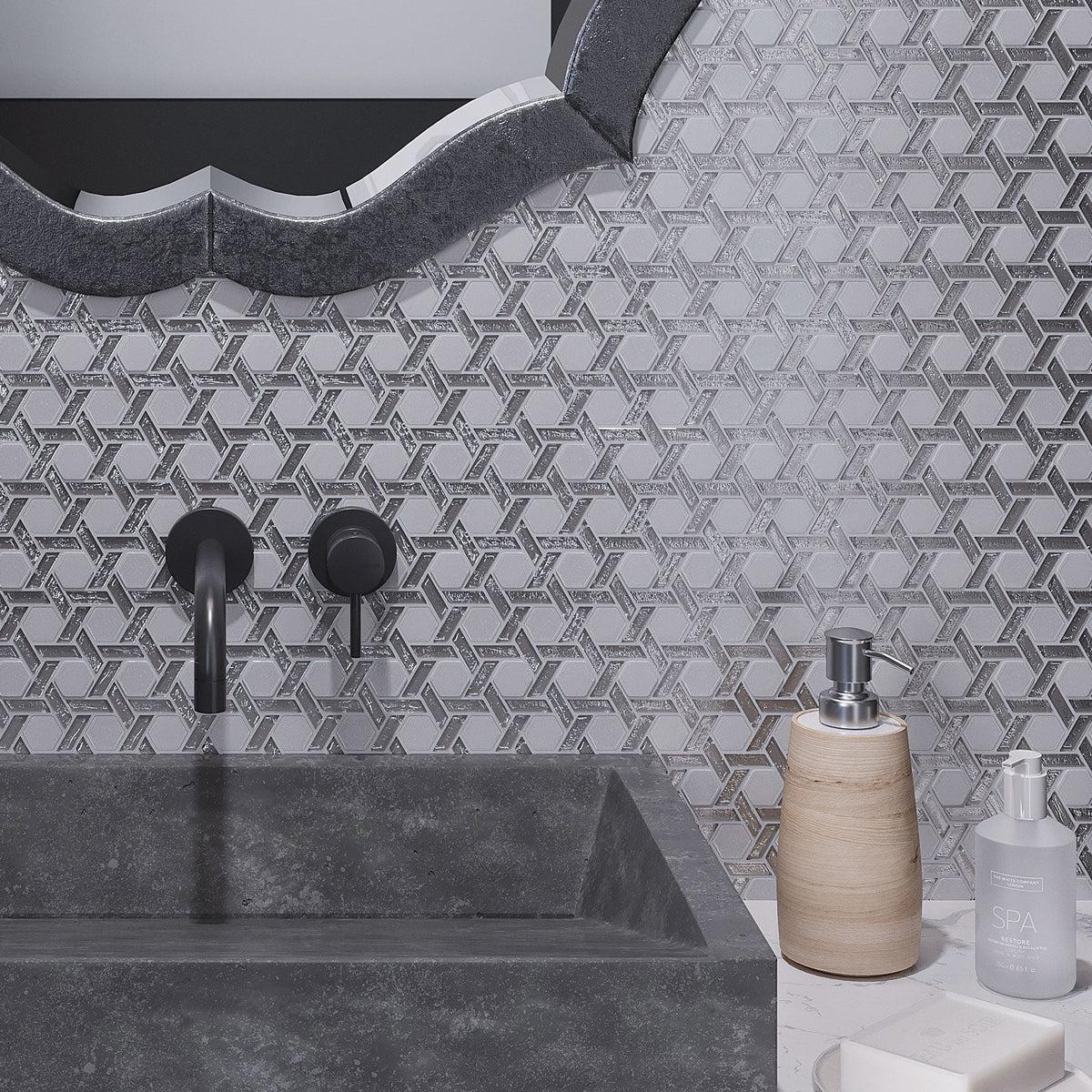 Modern bathroom with silver weaved wall tile