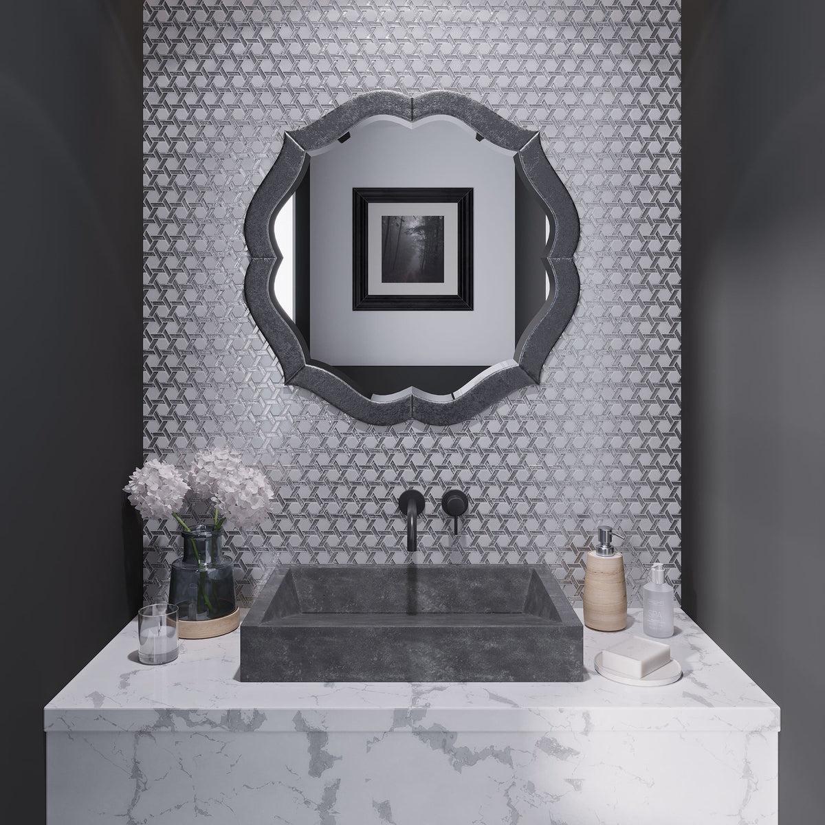 Small modern bathroom with silver and gray glass wall tile