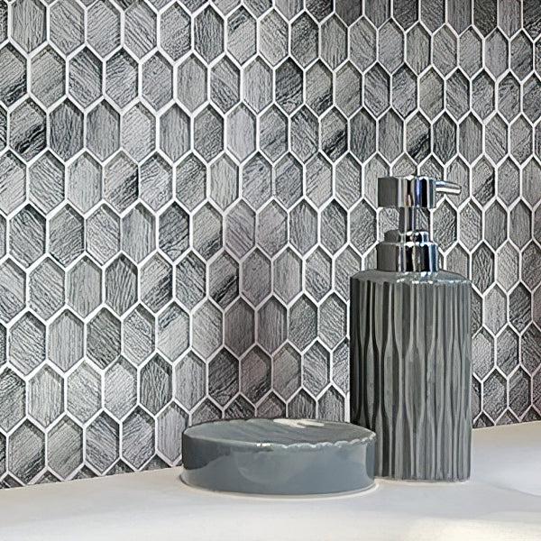 Silver Wooden Glass Hexagon Mosaic Tile Close-up