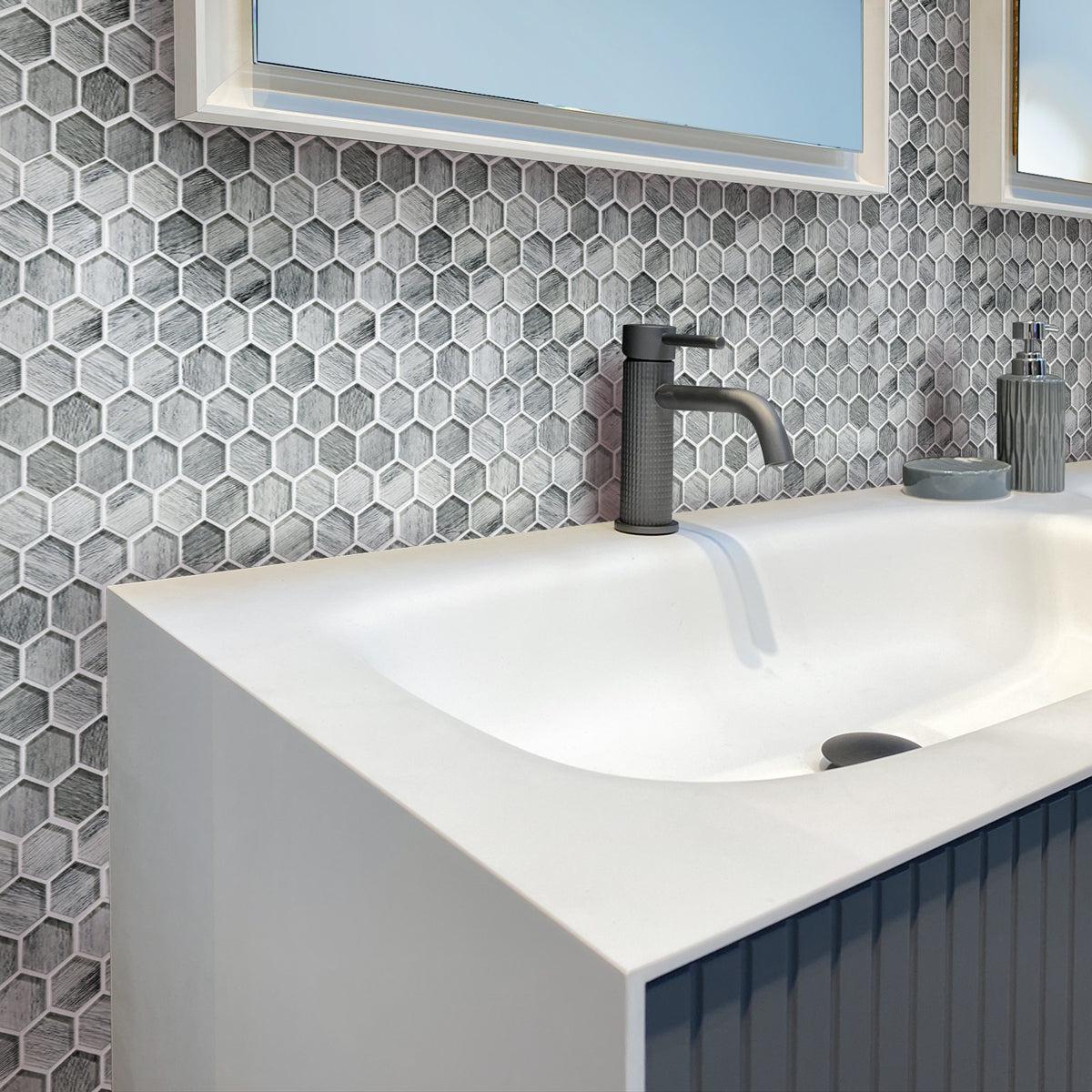 Silver Wooden Glass Hexagon Mosaic Tile Bathroom Backsplash