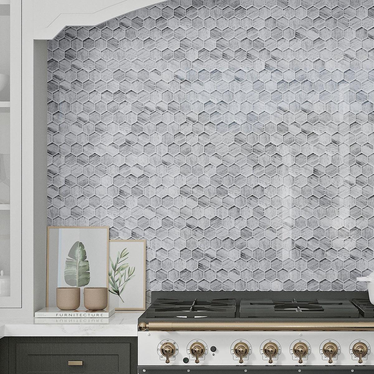 Gray glass hexagon tile behind kitchen stove