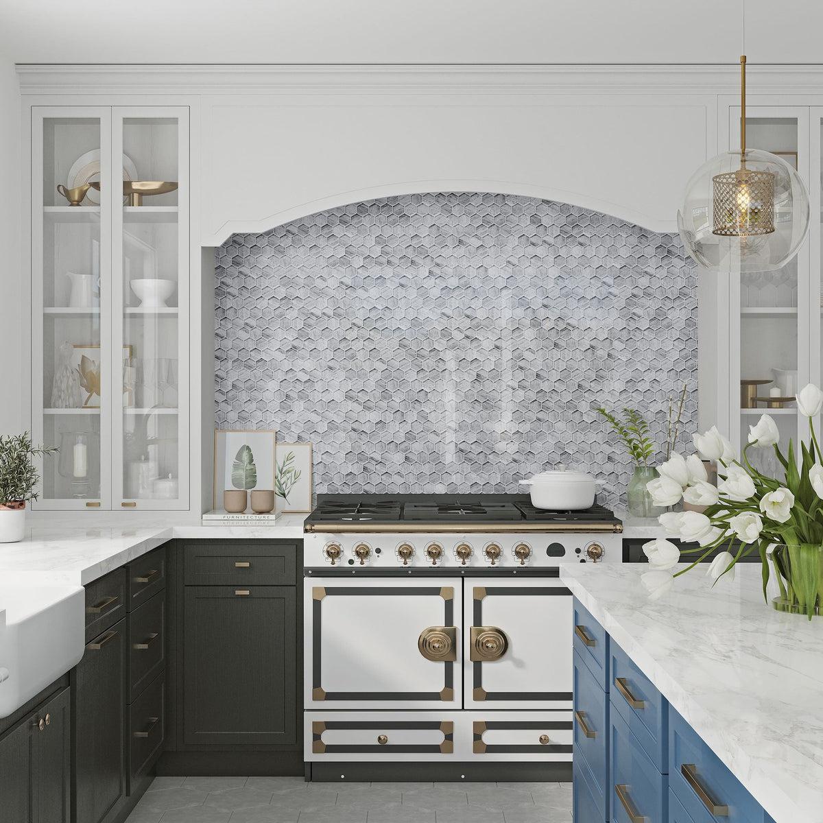 white kitchen with gray glass wall tile backsplash