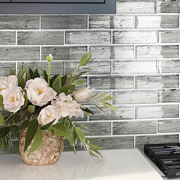 Kitchen Wall with Silver Wooden Glass Subway Mosaic Tile Close-up