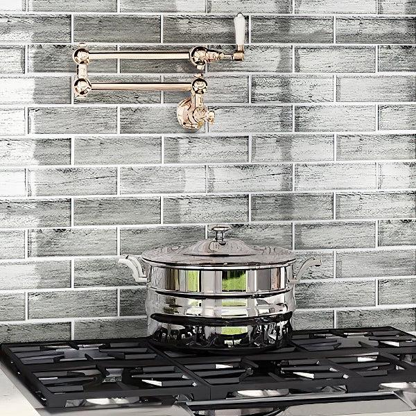 Kitchen Stove on background of Silver Wooden Glass Subway Mosaic Tile