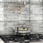 Kitchen Stove on background of Silver Wooden Glass Subway Mosaic Tile