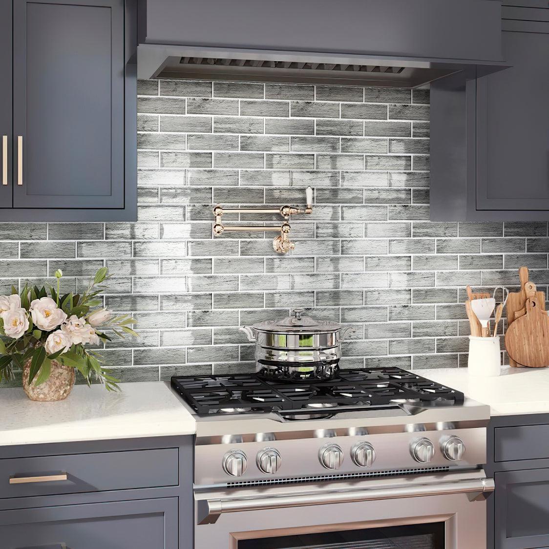 Grey & White Kitchen with Silver Wooden Glass Subway Mosaic Tile Backsplash
