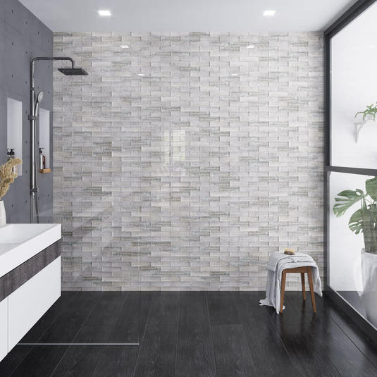 Gray and black modern bathroom with a curbless shower and wood look porcelain tile floors