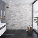 Gray and black modern bathroom with a curbless shower and wood look porcelain tile floors