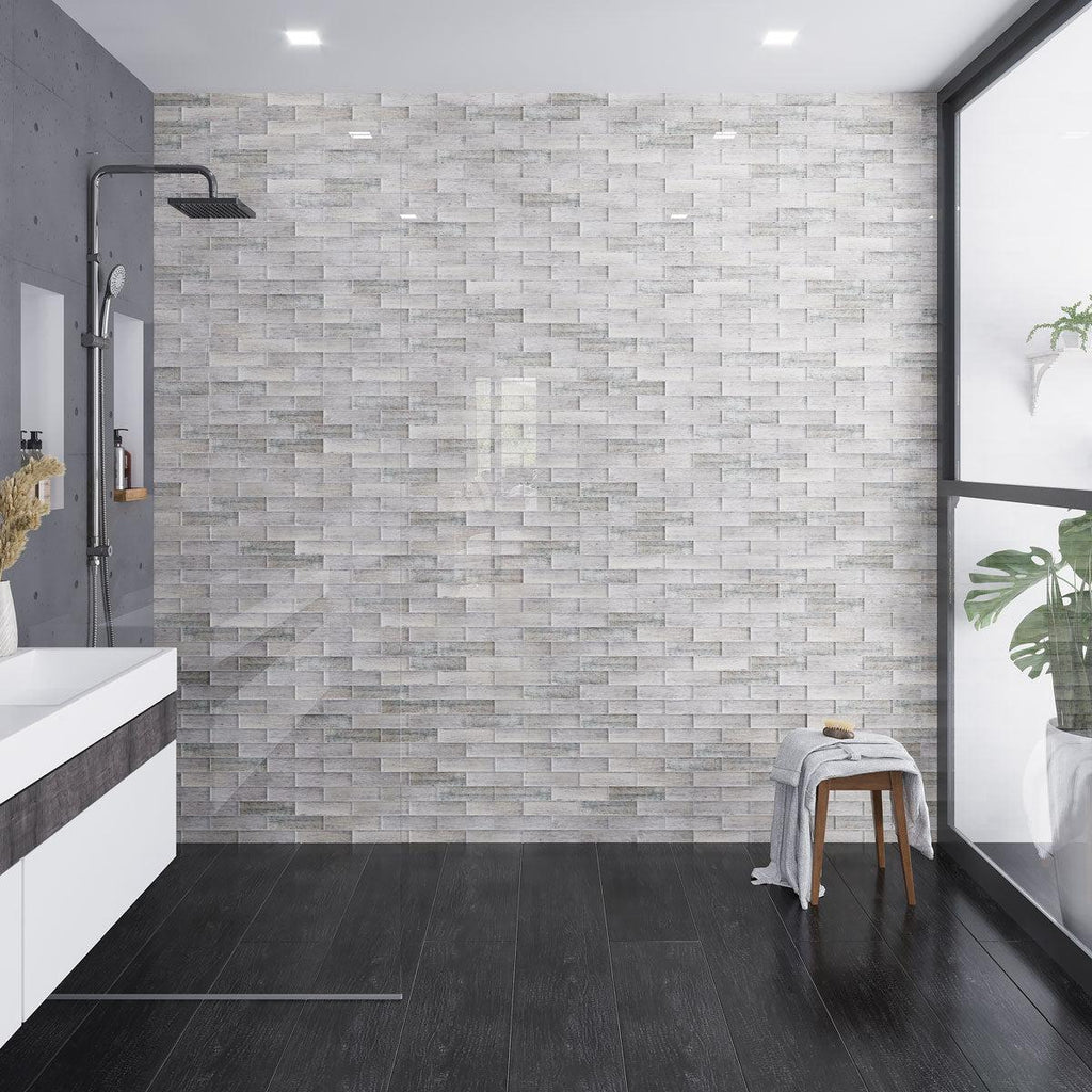 Gray and black modern bathroom with a curbless shower and wood look porcelain tile floors
