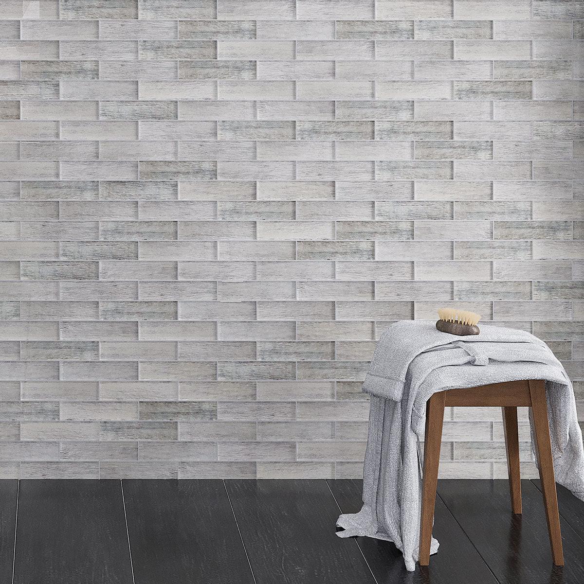 Silver Wooden Glass Subway Mosaic Tile for a masculine shower wall