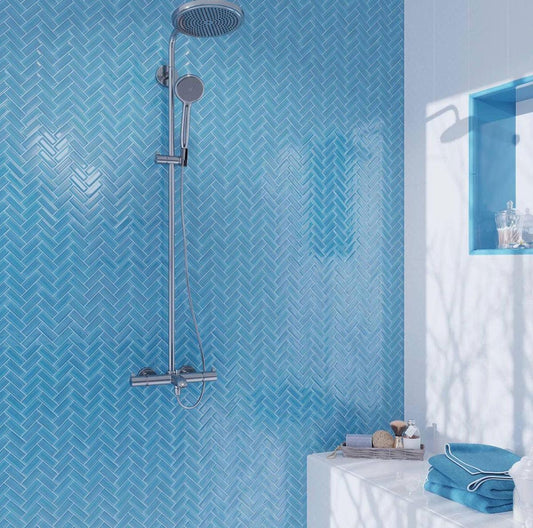 Sky Blue Glass Herringbone Shower Wall