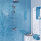Sky Blue Glass Herringbone Shower Wall