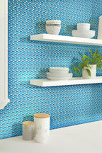 White kitchen with Sky Blue Penny Round Glass Tile backsplash